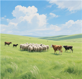 蓝天白云绿色草地牛羊摄影图片